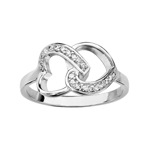 BAGUE THABORA ARGENT RHODIE DOUBLE COEUR SUPERPOSE OXYDES BLANCS SERTIS BIJOUTERIE PAGANI